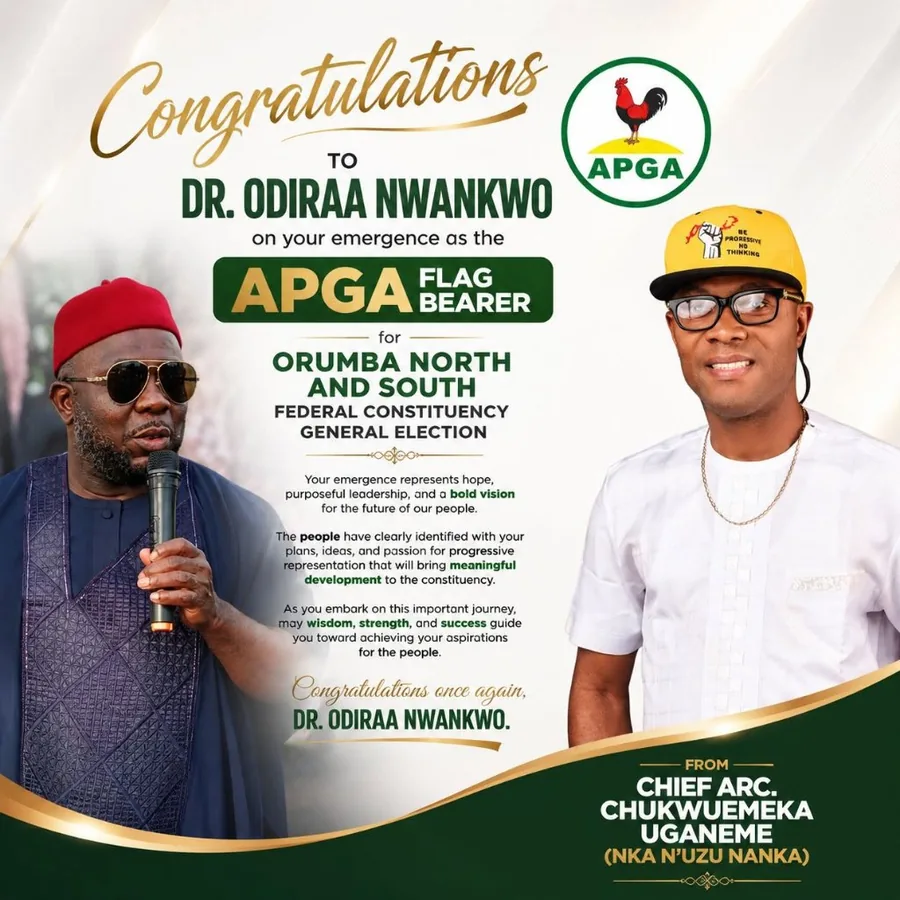 APGA congratulatory graphic — Dr. Odiraa Nwankwor emerges as APGA Flag Bearer